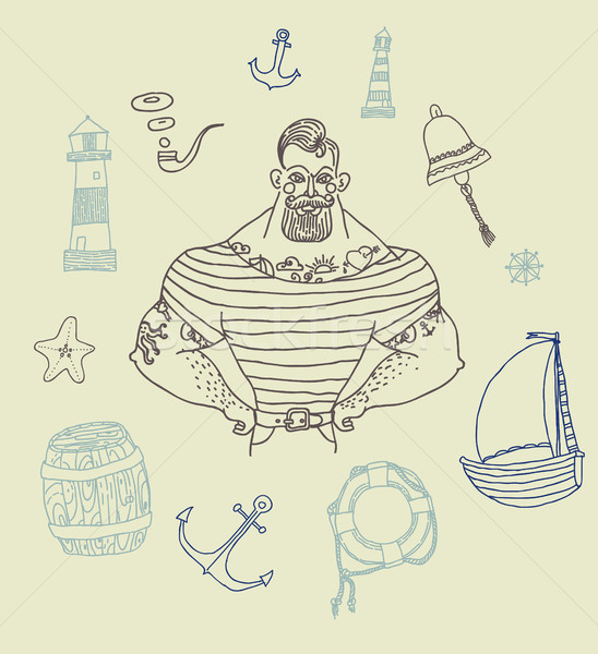 肖像 あごひげを生やした 入れ墨 船乗り セット 手描き ストックフォト © Mamziolzi