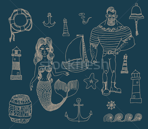  set with sailor, lighthouse, mermaid, ship and other. Stock photo © Mamziolzi