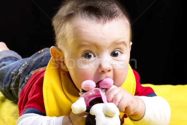 Baba fiú citromsárga pléd kék jókedv Stock fotó © manaemedia