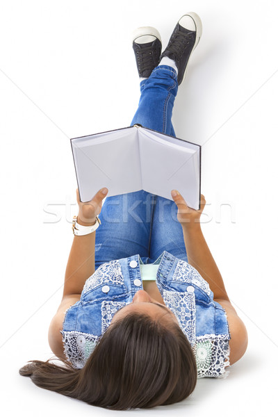 Stockfoto: Tiener · meisje · lezing · boek · geïsoleerd · witte