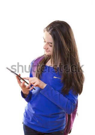 Szczęśliwy teen dziewcząt cyfrowe tabletka biały Zdjęcia stock © manaemedia