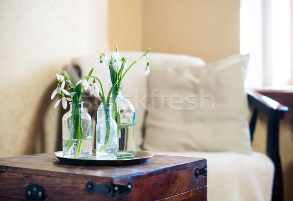 Home Innenraum Frühlingsblumen Glas Flaschen Jahrgang Stock foto © manera