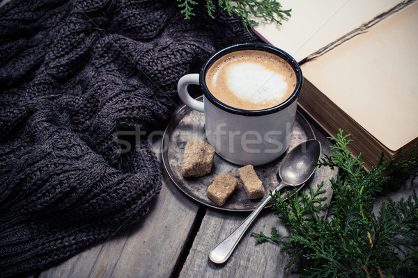 branch of spruce, warm sweater and cup  coffee with sugar Stock photo © manera