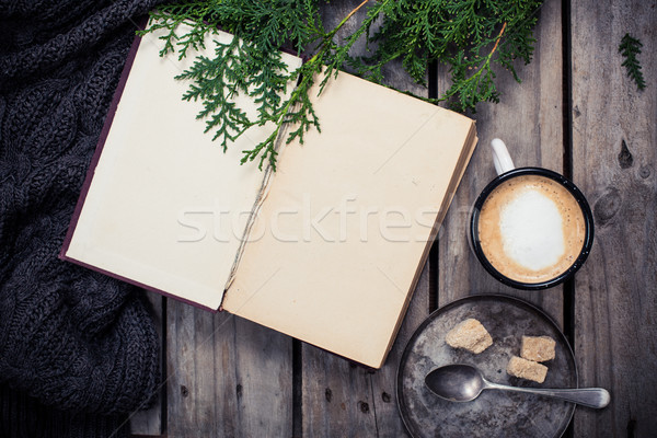 branch of spruce, warm sweater and cup  coffee with sugar Stock photo © manera