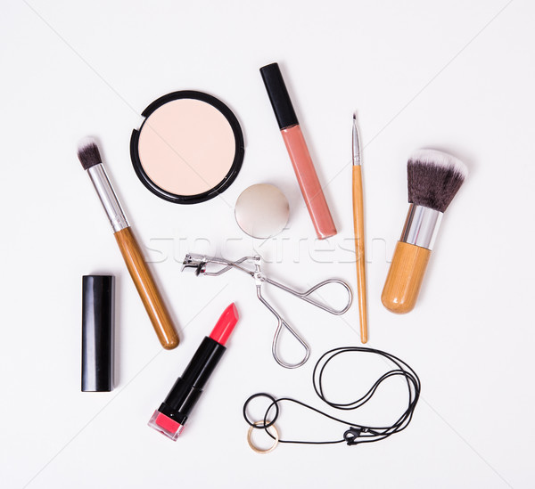 Stock photo: Professional makeup tools, flatlay on white background