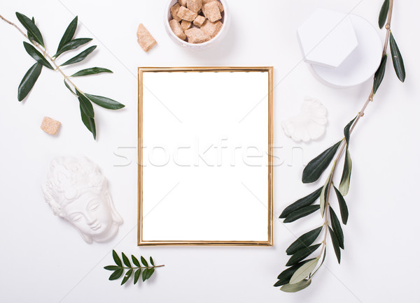 Golden frame mock-up on white tabletop Stock photo © manera