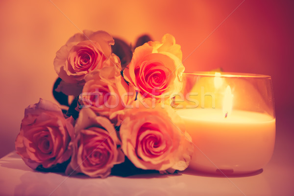 Gyönyörű bézs rózsák égő gyertya klasszikus Stock fotó © manera