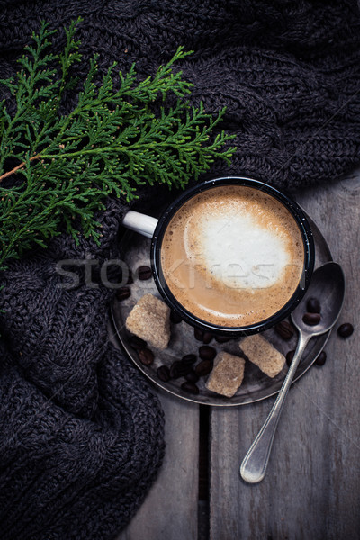 branch of spruce, warm sweater and cup  coffee with sugar Stock photo © manera