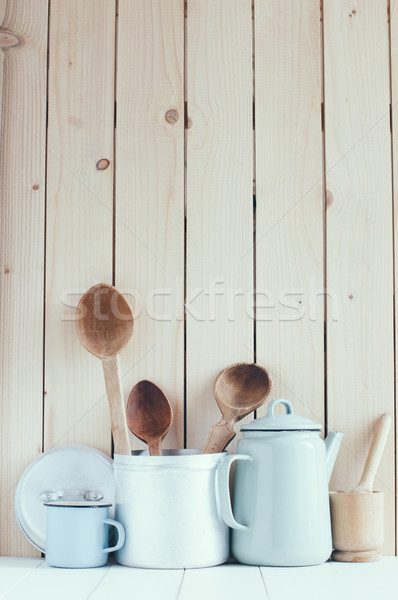 Koffie pot glazuur rustiek lepels home Stockfoto © manera