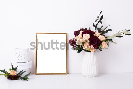 Golden frame mock-up on white wall Stock photo © manera