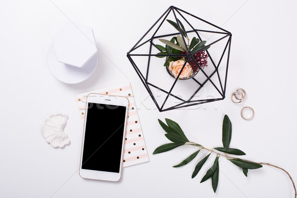 Nőies okostelefon vázlat fehér otthoni iroda dekoráció Stock fotó © manera
