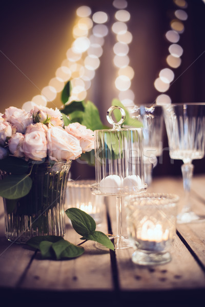 [[stock_photo]]: élégante · vintage · mariage · table · décoration · roses