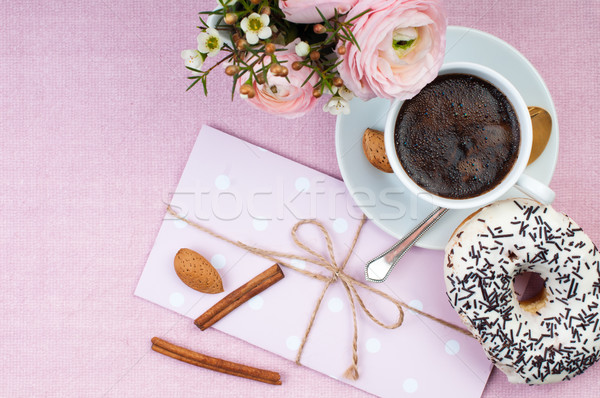 Ontbijt roze kleuren koffie bloemen snoep Stockfoto © manera