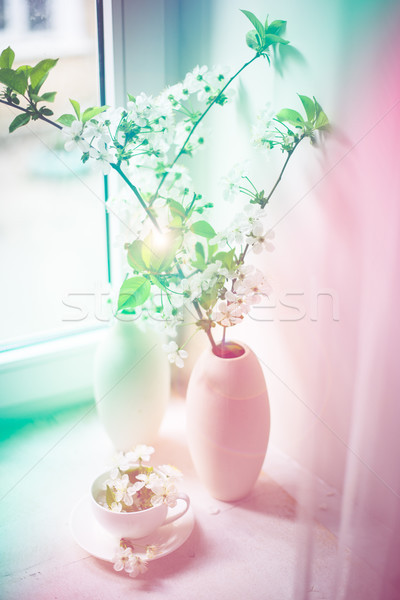 Stock fotó: Cseresznyevirág · fehér · váza · ablakpárkány · klasszikus · stílus