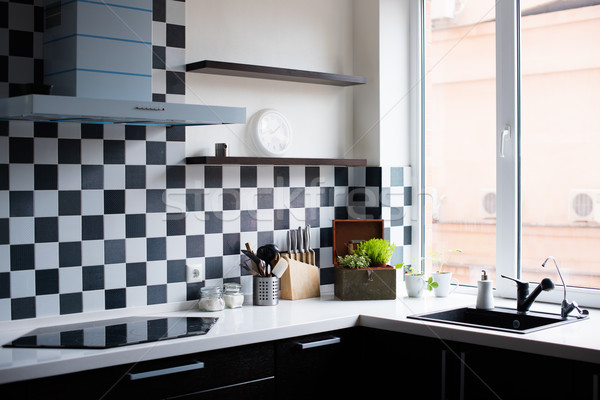 Wnętrza nowoczesne kuchnia czarno białe domu Zdjęcia stock © manera