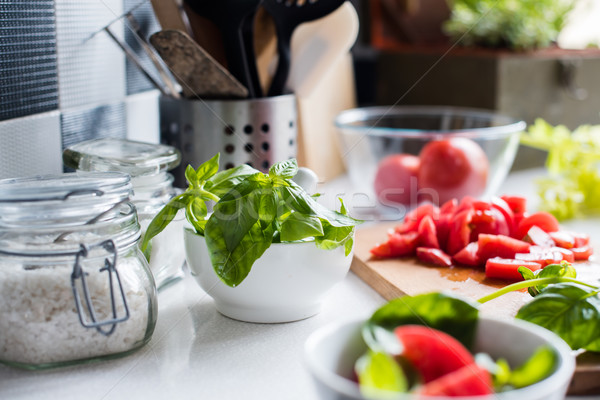 Ингредиенты приготовления свежие базилик рубленый помидоров Сток-фото © manera