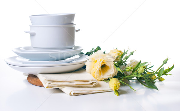 Stock fotó: Tányérok · virágcsokor · sárga · virágok · boglya · fehér · rózsa