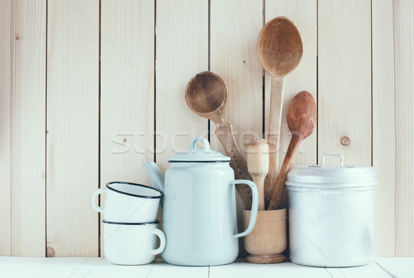 Café pote esmalte rústico colheres casa Foto stock © manera