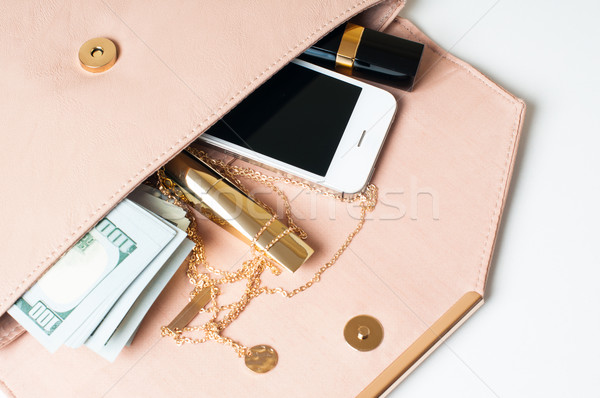 Beige koppeling handtas cosmetica sieraden geld Stockfoto © manera