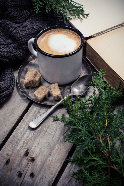 Stock photo: branch of spruce, warm sweater and cup  coffee with sugar