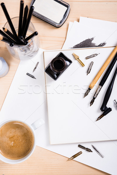 Paper, ink and calligraphy pens. Lettering workshop details Stock photo © manera