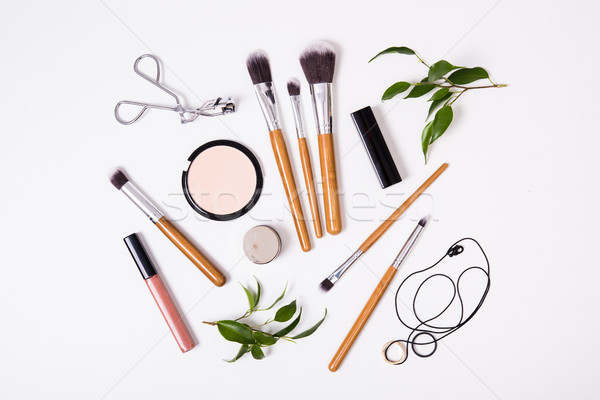 Stock photo: Professional makeup tools, flatlay on white background