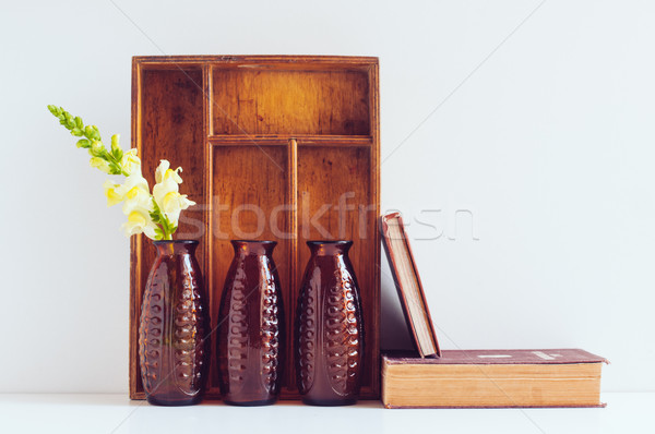 Klasszikus lakberendezés három barna üveg virág Stock fotó © manera