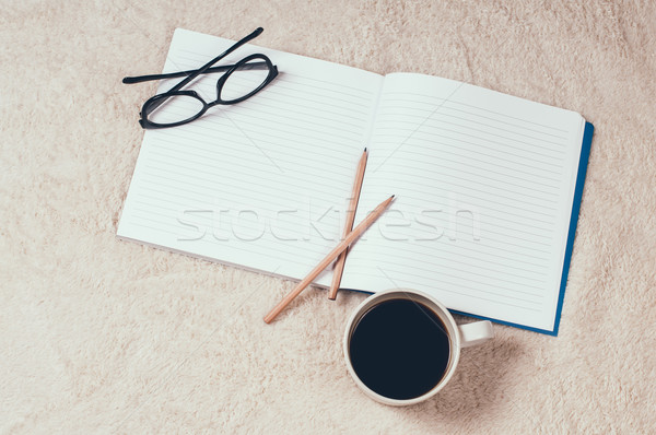 ノートブック オープン コーヒー 鉛筆 眼鏡 階 ストックフォト © manera