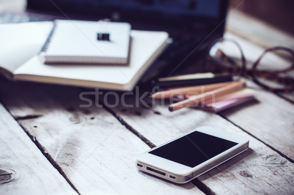 [[stock_photo]]: Bureau · à · domicile · papiers · ordinateurs · portables · lunettes · de · lecture