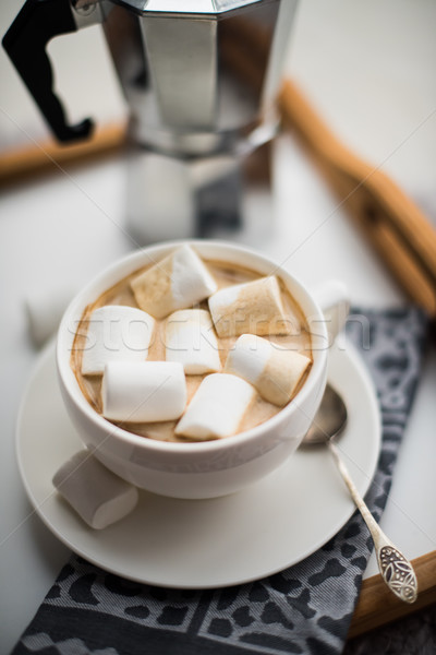 Warm cozy home. Tray and cup of coffee with marshmallows  Stock photo © manera