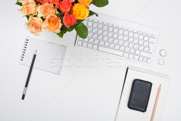 Feminine white desk workspace with flowers, startup concept Stock photo © manera