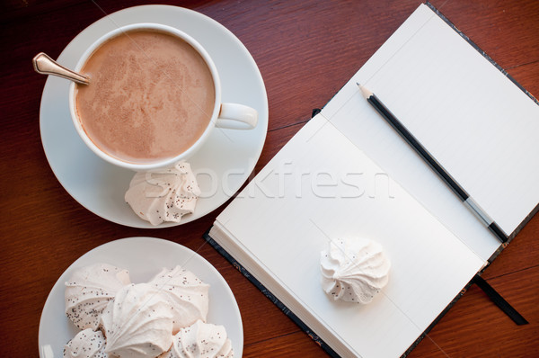 Stock fotó: Kávé · jegyzettömb · csésze · asztal · otthon · notebook