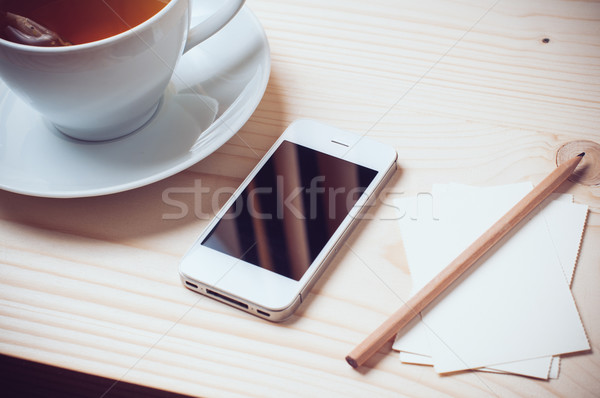 Fából készült iroda asztali papír lemezek csésze Stock fotó © manera