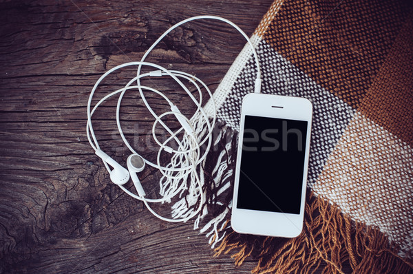 Foto stock: Fones · de · ouvido · branco · marrom · velho