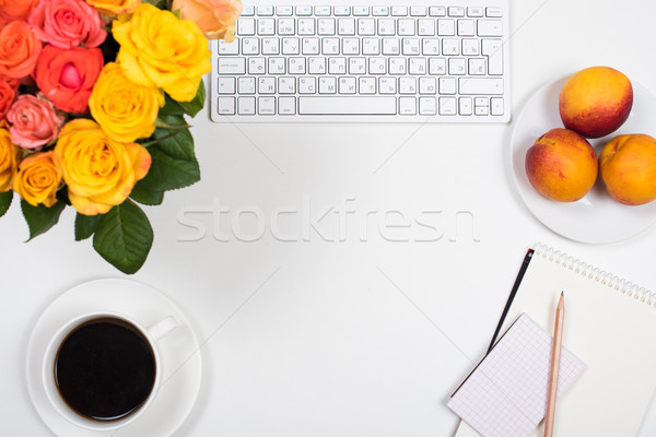 Nőies fehér asztal munkaterület virágok startup Stock fotó © manera
