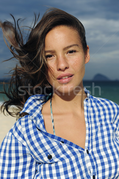 Stock foto: Wind · Frau · Haar · Meer · Strand