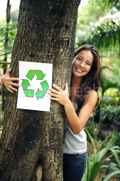 Foto stock: Reciclagem · mulher · floresta · reciclar · assinar