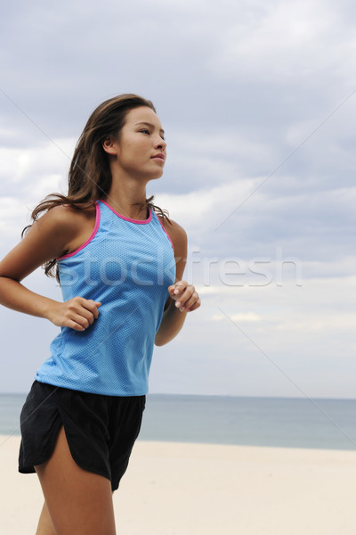 Foto stock: Mulher · corrida · praia · feliz · esportes · fitness