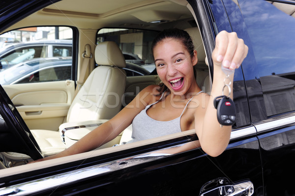 woman showing keys of her new 4x4 off-road vehicle Stock photo © mangostock