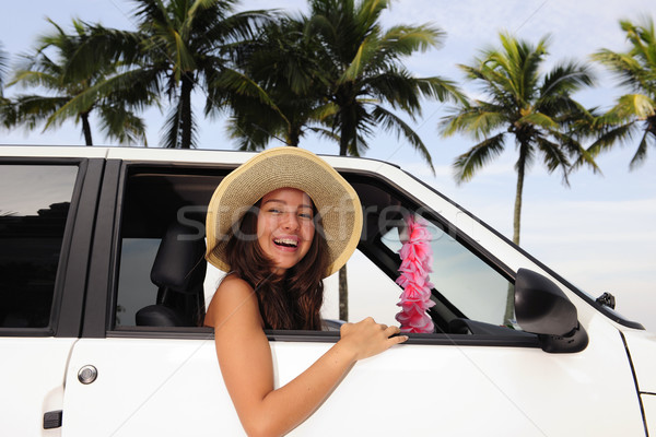 car rental: happy woman in her car near the beach Stock photo © mangostock