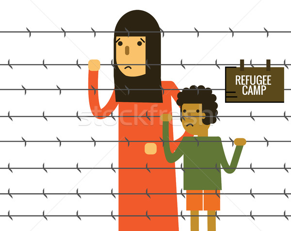 Stock photo: Woman and child holding Barbed Wire at refugee camp.