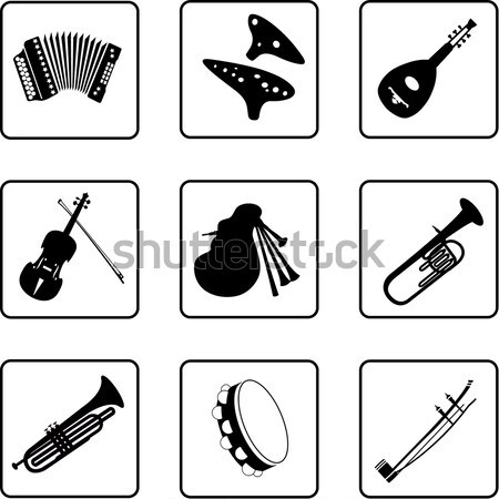 Muziekinstrumenten zwarte silhouetten negen vierkante grid Stockfoto © mannaggia