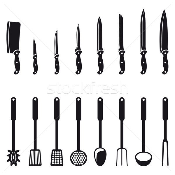 Konyha kések kellékek feketefehér sziluettek étterem Stock fotó © mannaggia