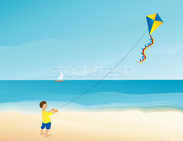 Foto stock: Menino · voador · pipa · praia · criança · azul