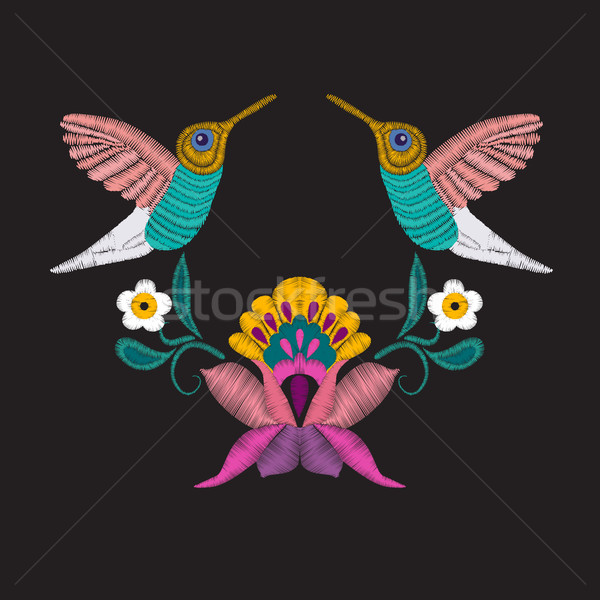 Embroidered design elements with flowers and tropical bird  Stock photo © Margolana