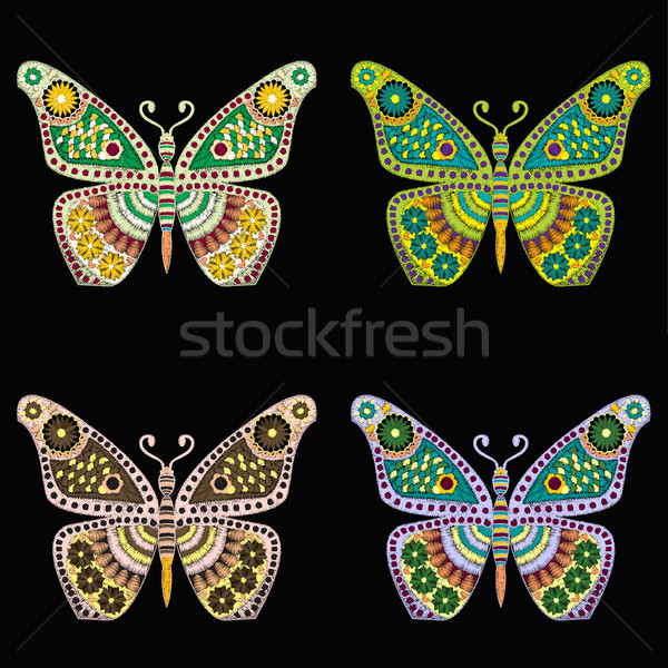 Foto stock: Establecer · bordado · patrón · mariposa · negro · vector