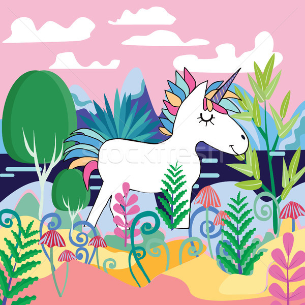Beautiful magic forest scene with Cute Magical Unicorn Stock photo © Margolana