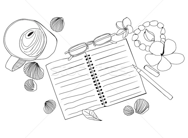 Hand drawn illustration with paper notebook, cup of coffee, glas Stock photo © Margolana