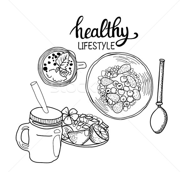 healthy breakfast Cereal granola Bowl, Spoon and fresh smoothie. Stock photo © Margolana