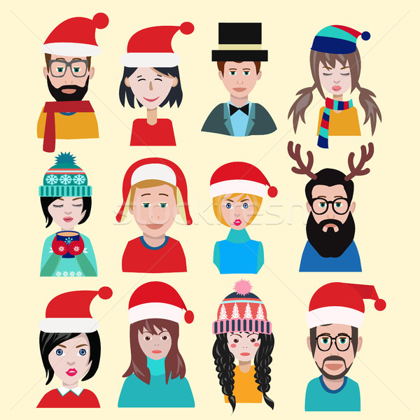 Men and women winter warm knitted hats set for New Year's icons  Stock photo © Margolana